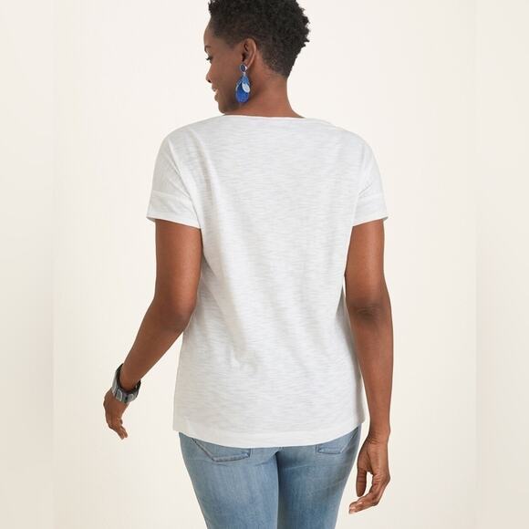 CHICO'S | White Boho Patchwork Detail Bateau Neck Short Sleeve Tee | XL - Picture 2 of 9
